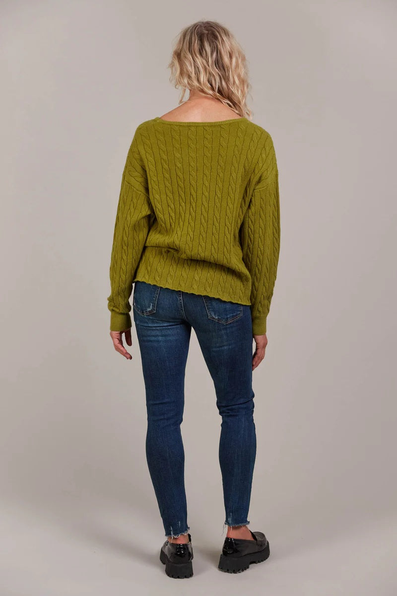Cable Knit Pullover | V-Neck with Drop Shoulders | Hip-Length with Rolled Hem for Winter Layering