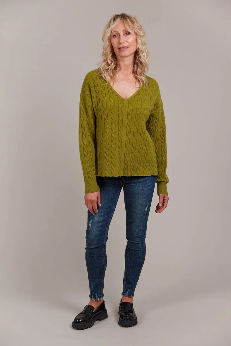 Cable Knit Pullover | V-Neck with Drop Shoulders | Hip-Length with Rolled Hem for Winter Layering