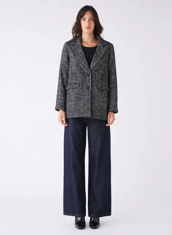 Esmaee longline black and cream herringbone blazer | mini chevron wool blend office jacket