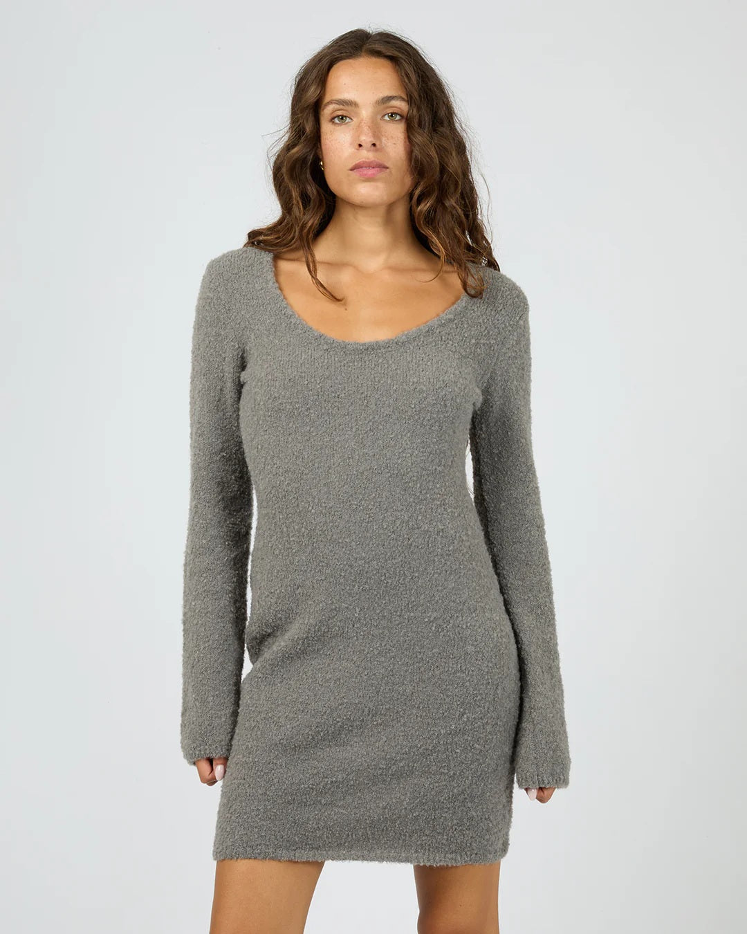 Boucle Knit Mini Dress | Long Sleeves with Scooped Neckline | Cosy Winter Style