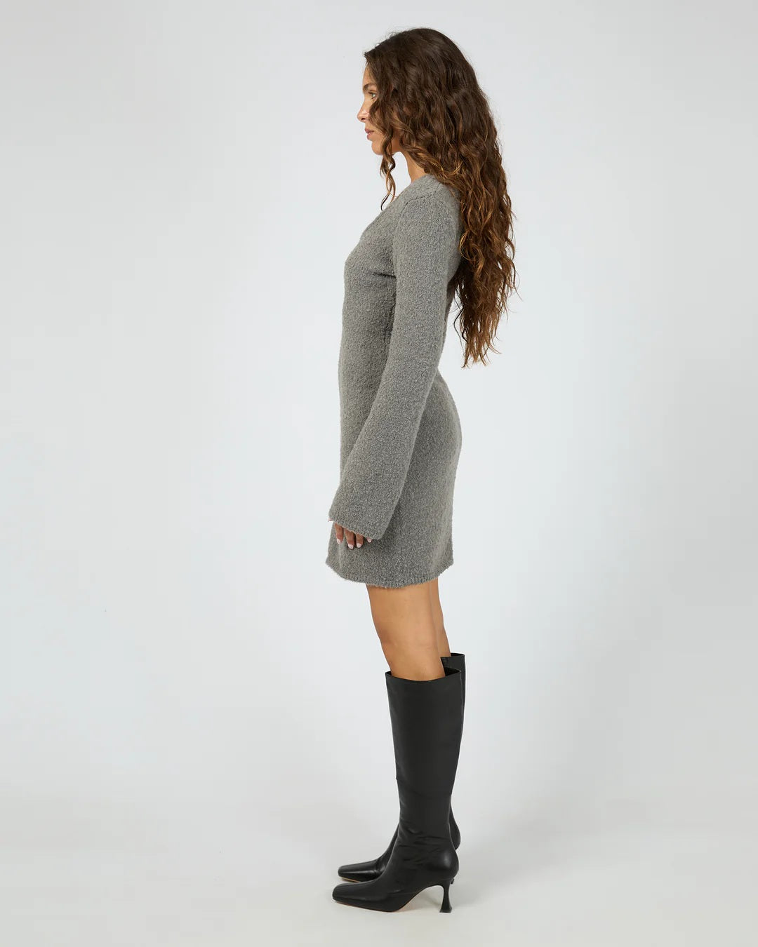 Boucle Knit Mini Dress | Long Sleeves with Scooped Neckline | Cosy Winter Style