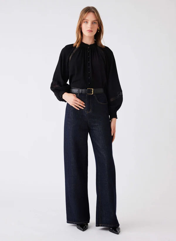 Esmaee button front black lace blouse | long balloon sleeves black top