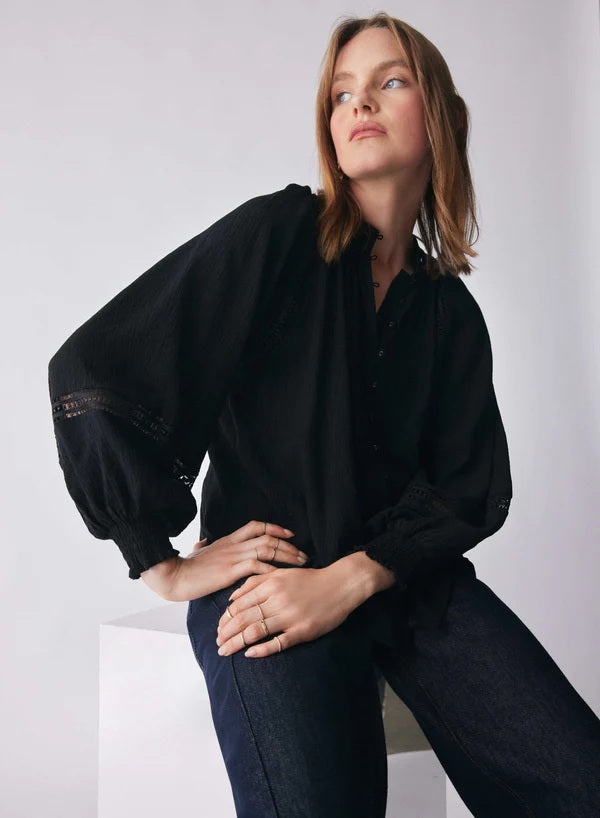 Esmaee black lace blouse with balloon sleeves | button front long sleeve top