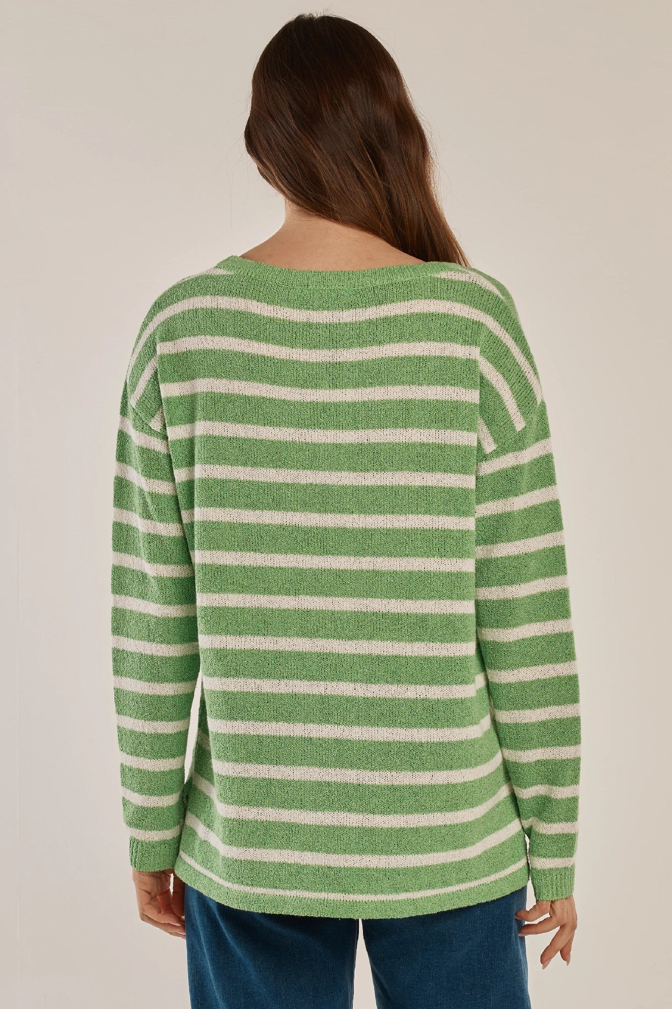 Women's green/cream striped knit sweater | Betty Basics crew neck knit jumper
