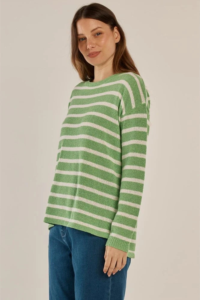women's striped knit jumper green/cream | crew neck long sleeve knit top