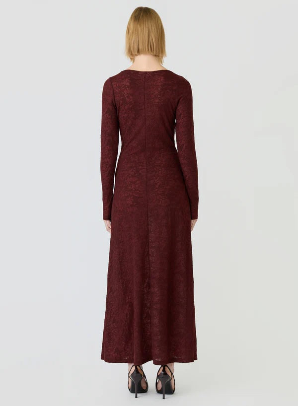 Women's burgundy lace maxi dress | fitted bodice full-length dress