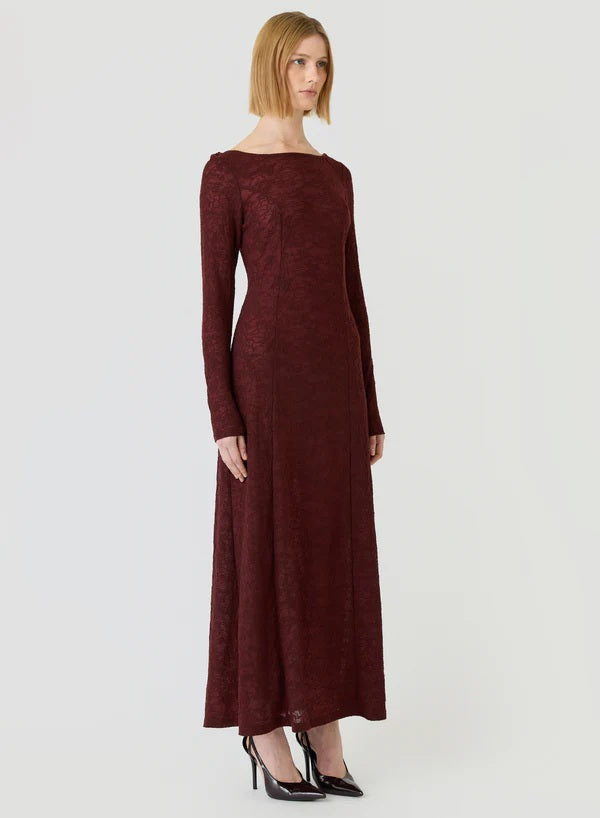Women's long sleeve formal maxi dress in mulberry | burgundy fit and flare evening dress
