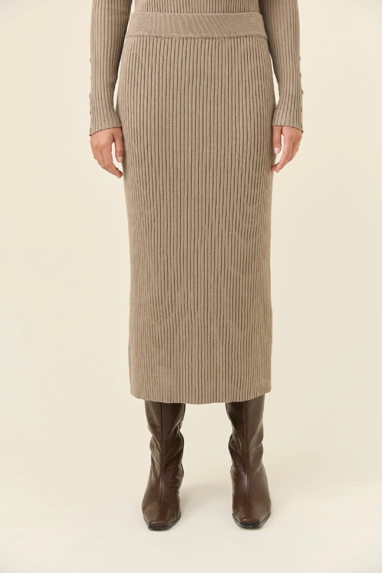 Isle of Mine Juno Knit Skirt in Stone | fitted ribbed knit midi skirt