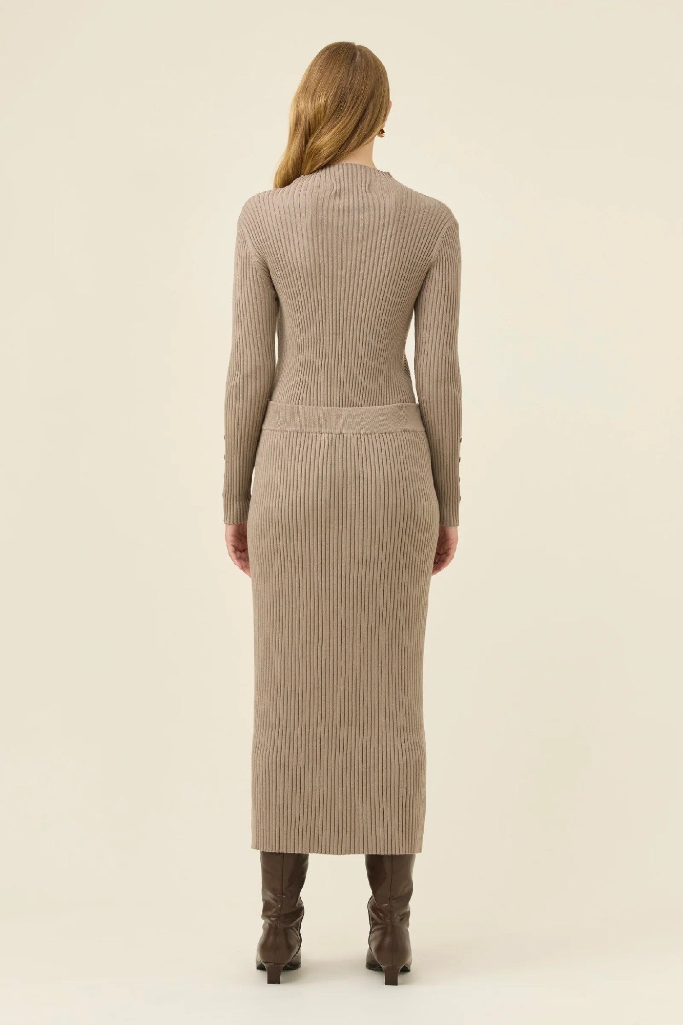 Women's fitted knit midi skirt in Stone | beige ribbed knit winter skirt