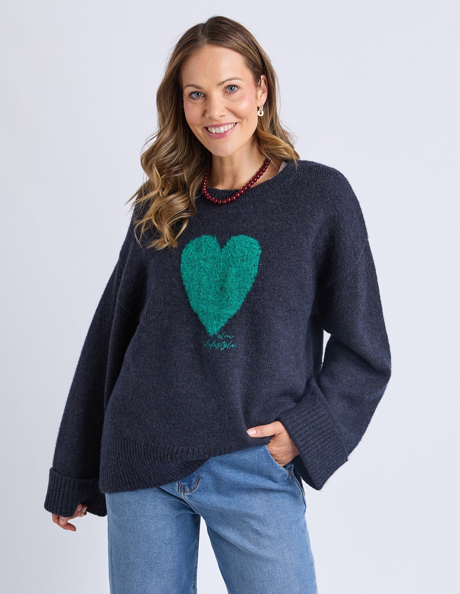 Elm Intersia Heart Knit Jumper navy | oversized crew neck winter sweater