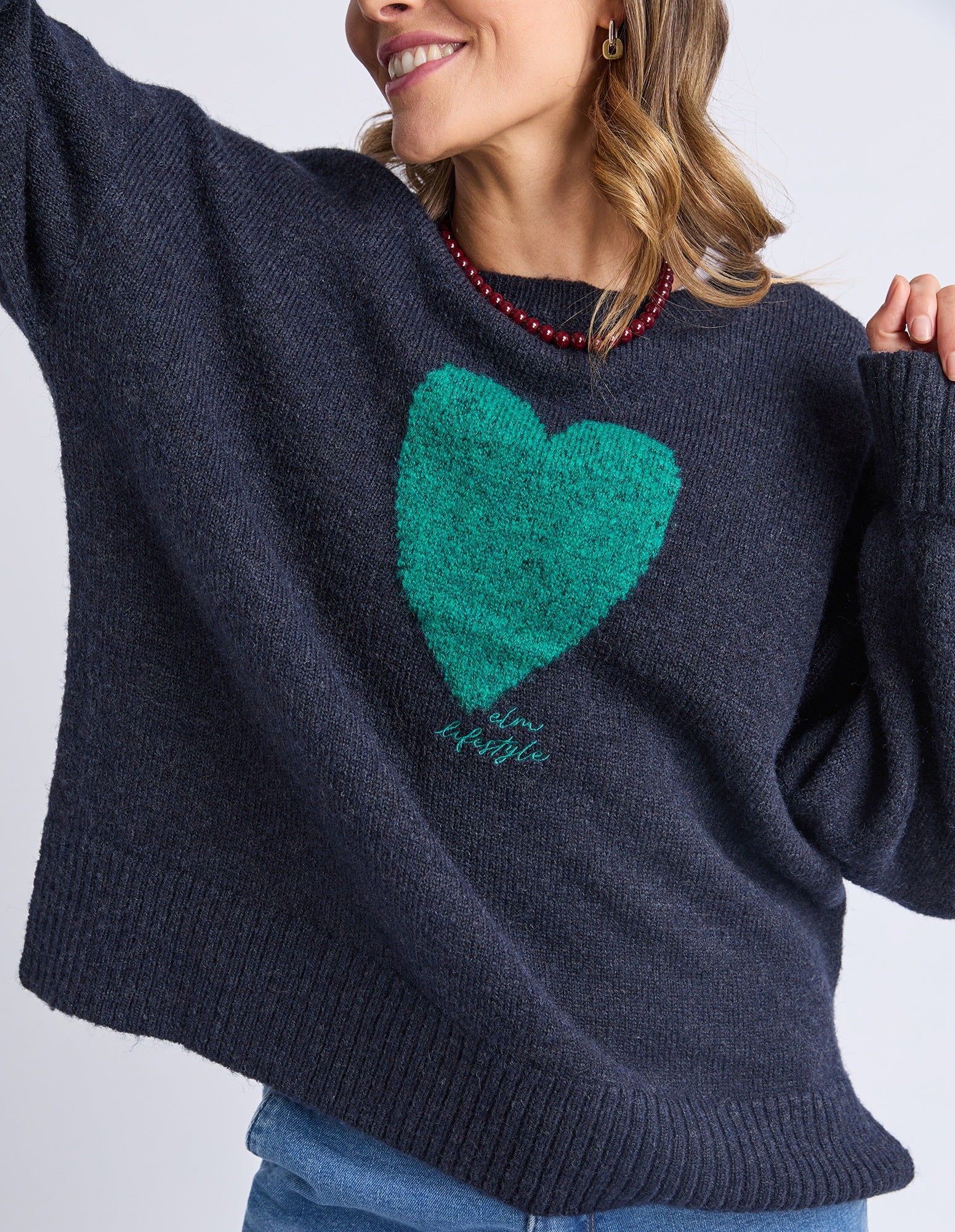Women's navy crew neck knit sweater | green heart navy knit jumper