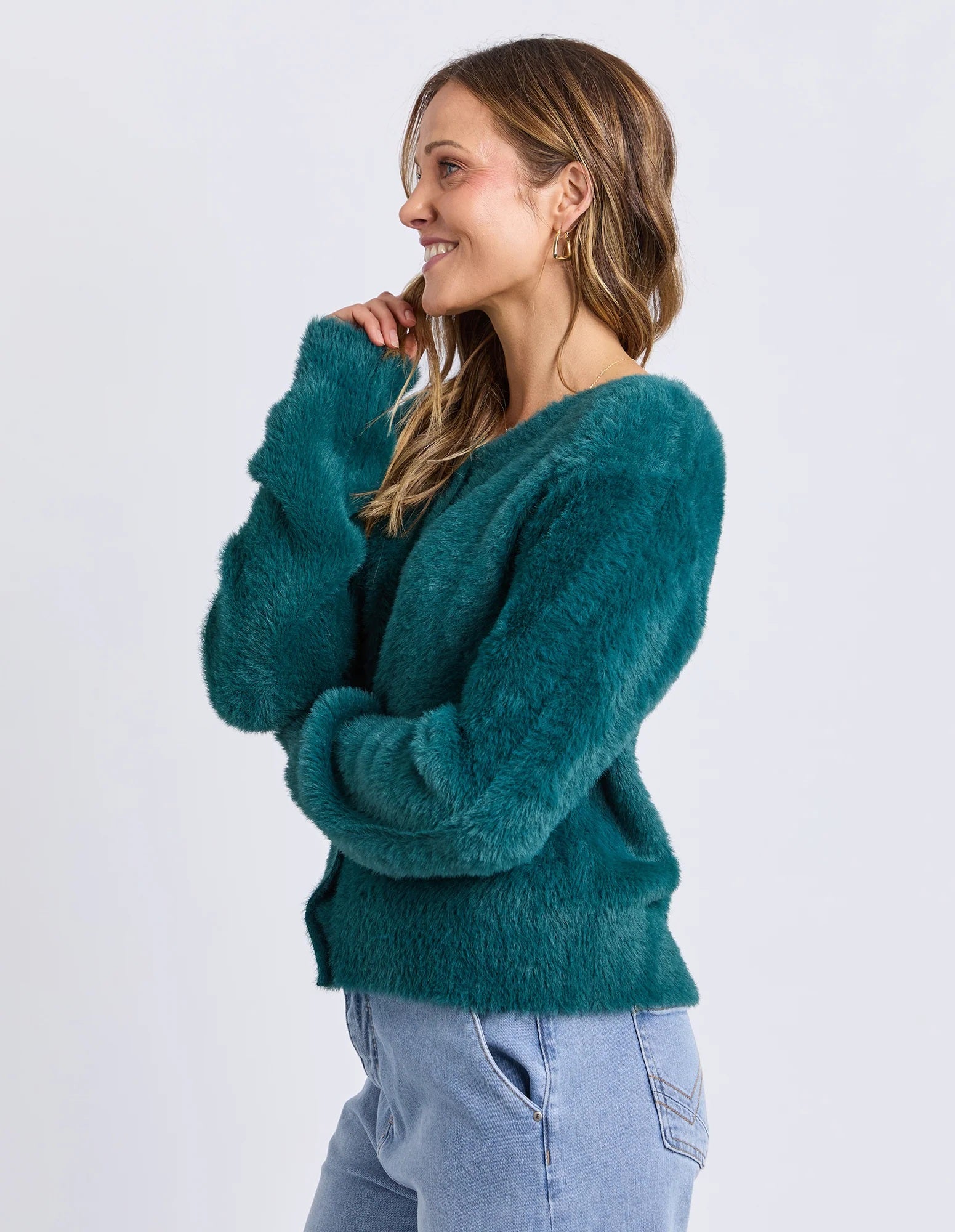 Women's teal fluffy knit cardigan | Elm button-up knit winter cardigan