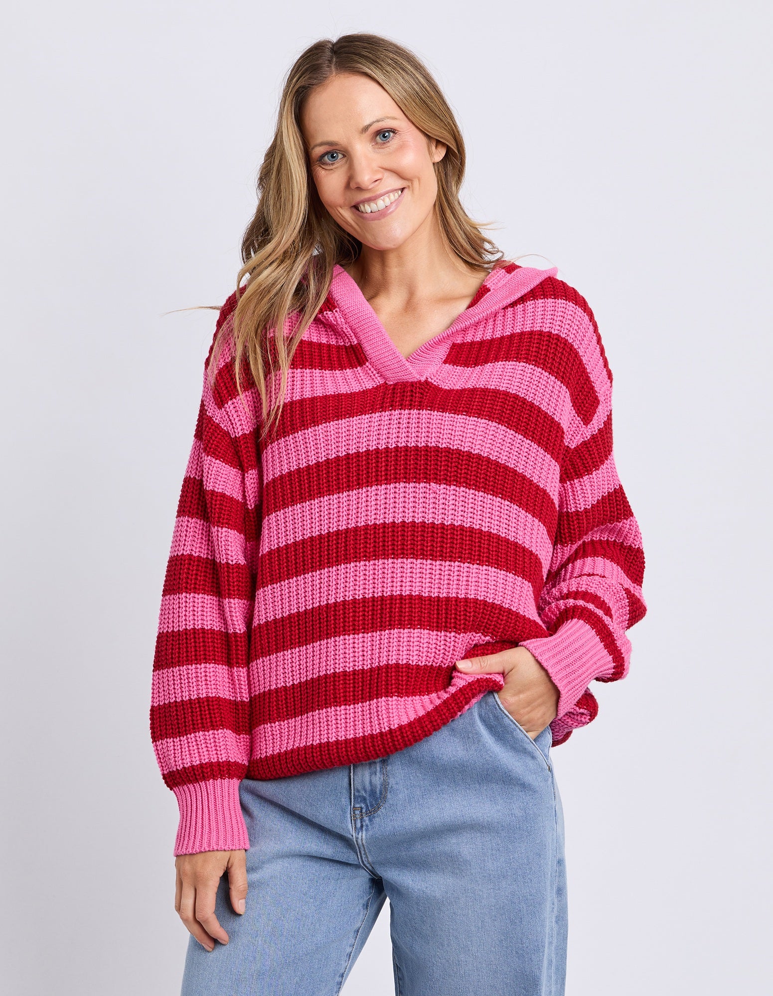 Elm Stripe Hooded Knit Jumper in pink and berry stripes | chunky knit oversized stripe sweater