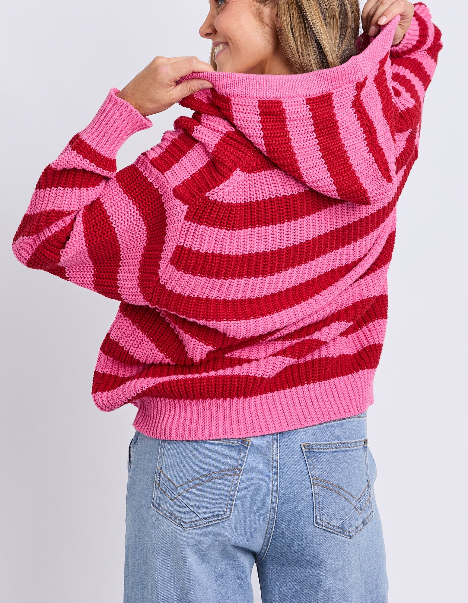 Women's pink striped knit sweater | hooded knit Jumper