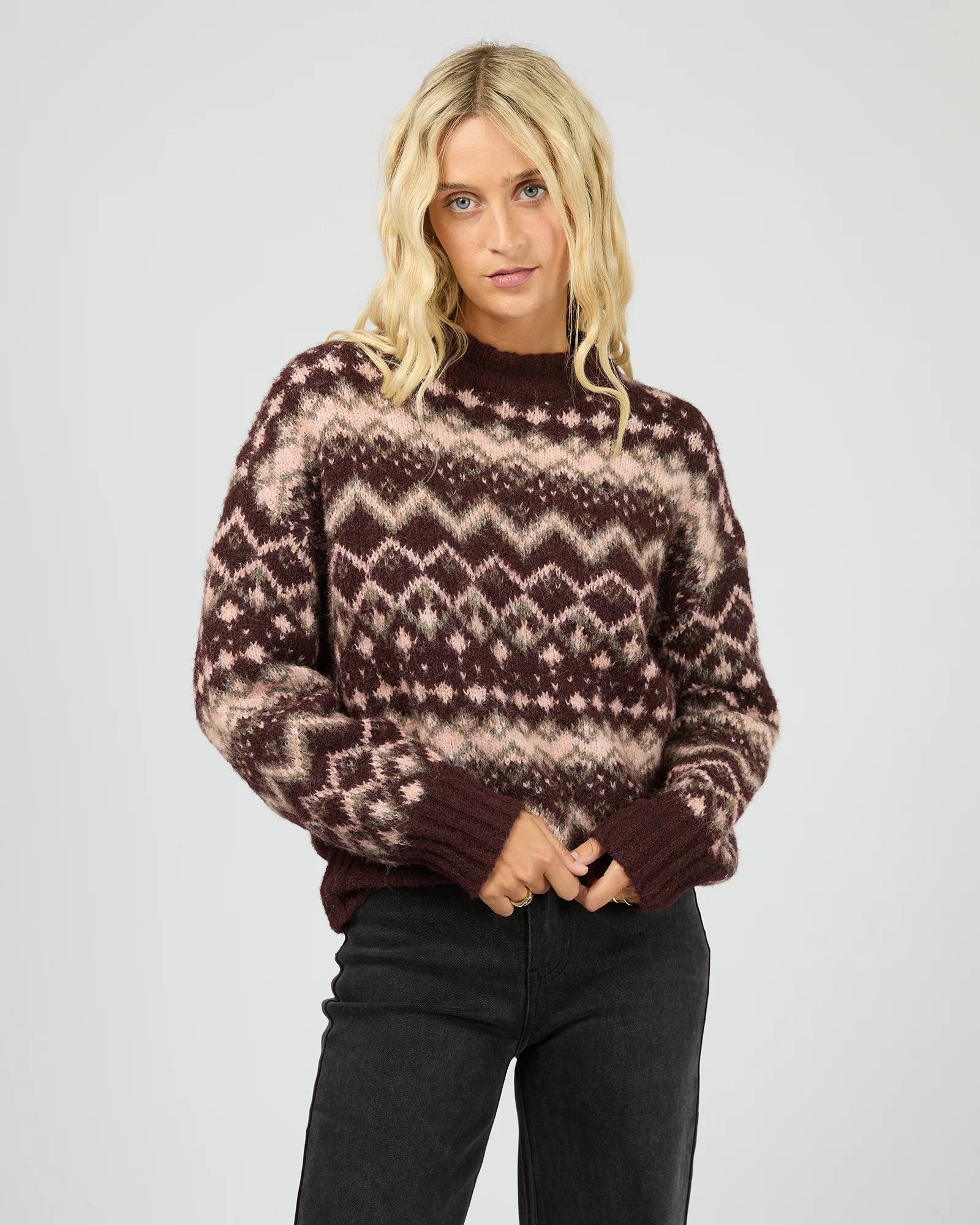 All About Eve Fair Haven Knit Jumper chocolate brown | Fair Isle pattern crew neck winter sweater
