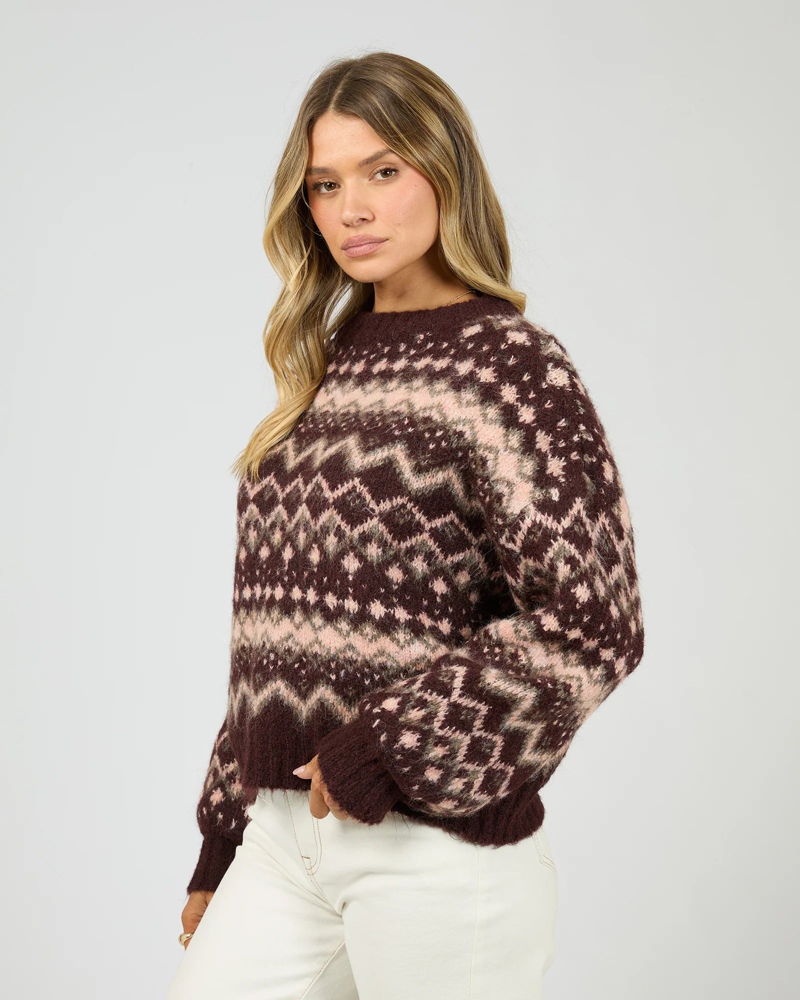 Women's Fair Isle knit sweater | patterned winter jumper chocolate brown/blush