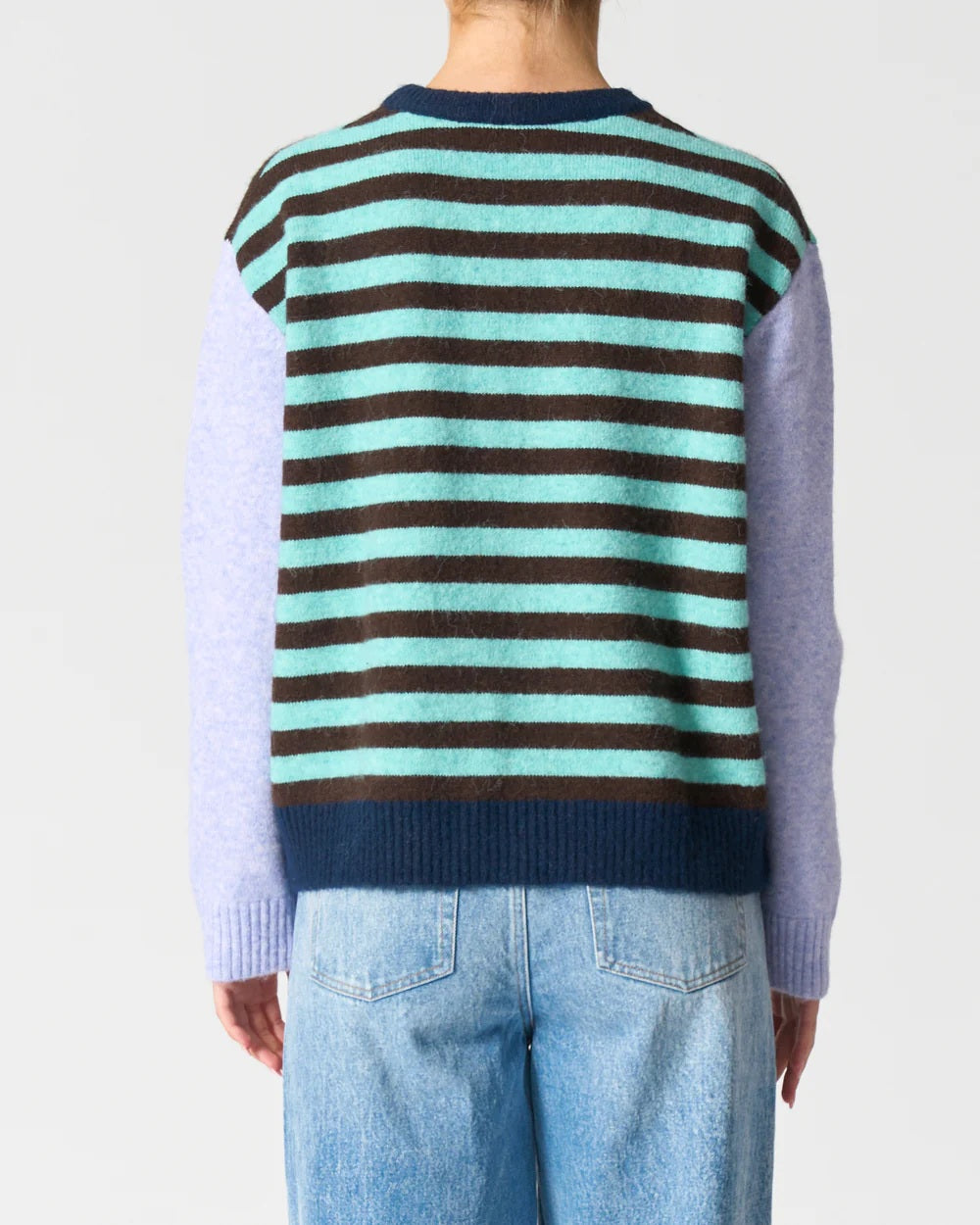 Blue Stripe Crew Jumper with Purple Sleeves | Little Extras Lifestyle