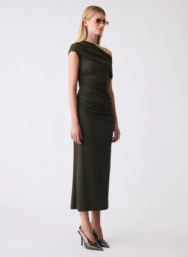 Khaki ruched event midi dress with draped one shoulder