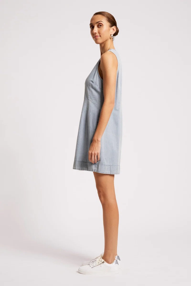 Relaxed Slim Fit Denim Tank Dress with Gold Button Front | Eb & Ive