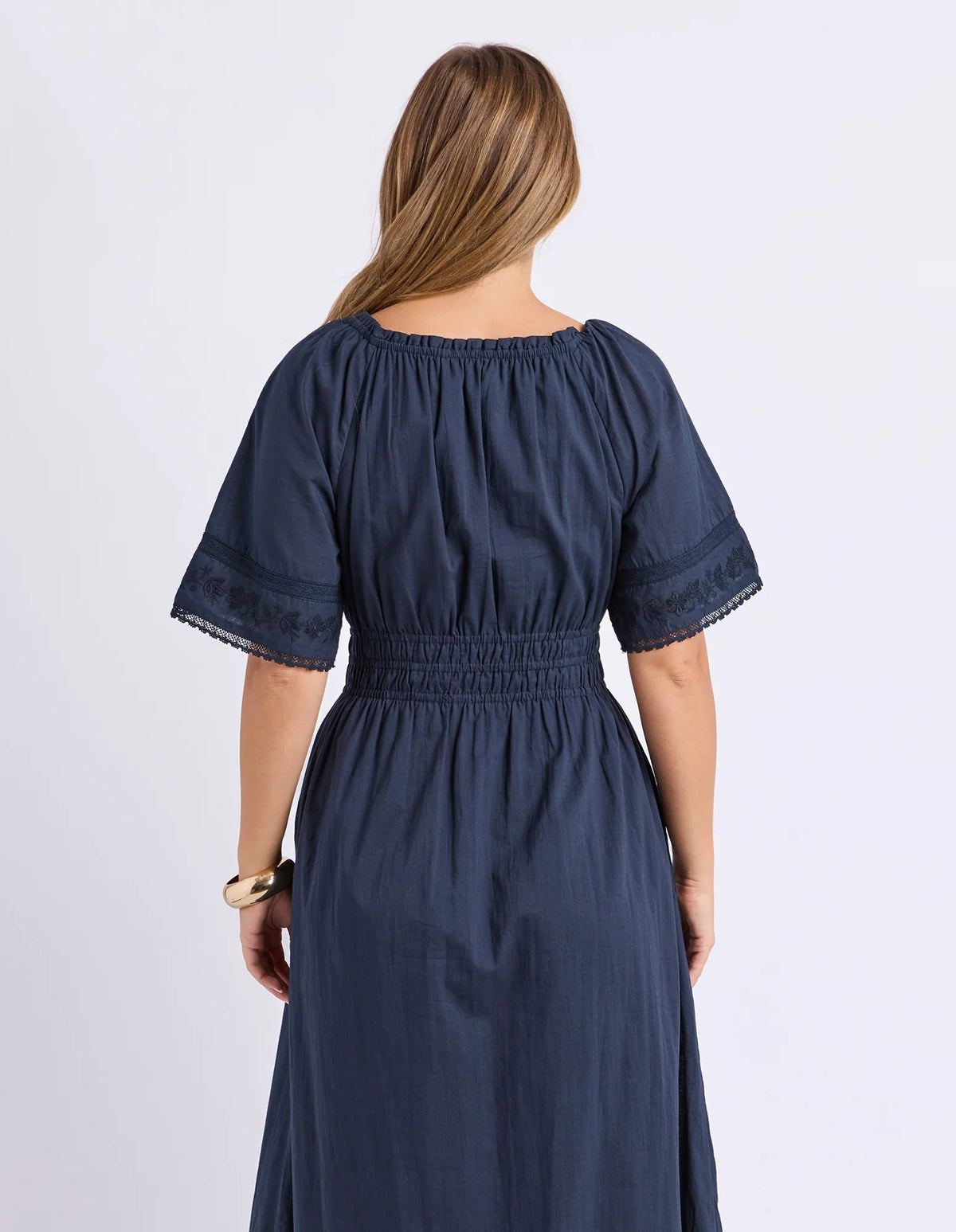 Navy Women's Dress with Front Tie Neckline and Delicate Sleeve & Hem Trim