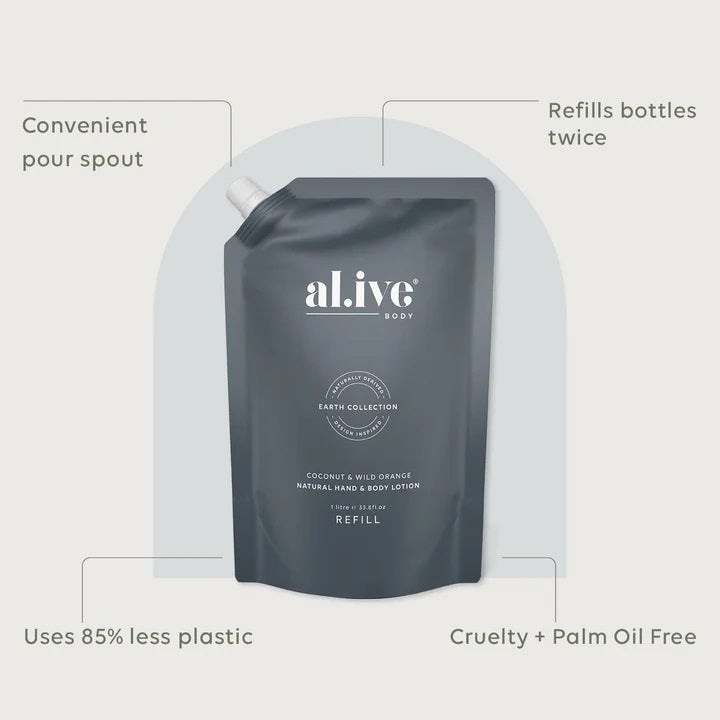 Al.ive Body 1 Litre Lotion Refill - Coconut & Wild Orange