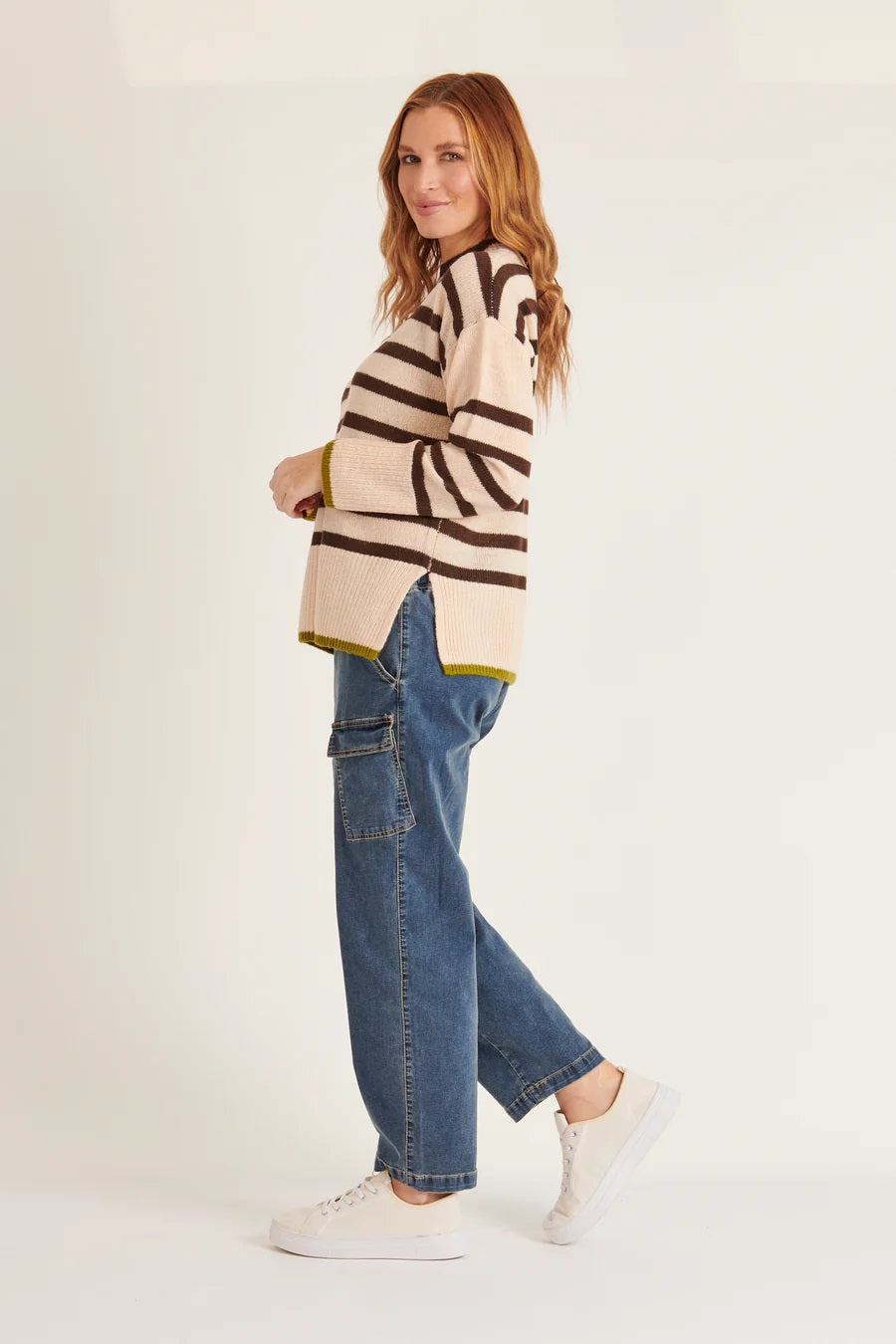 Ellis & Dewey Mock Neck Jumper [COLOUR:Pink & Brown Stripe SIZE:XS]