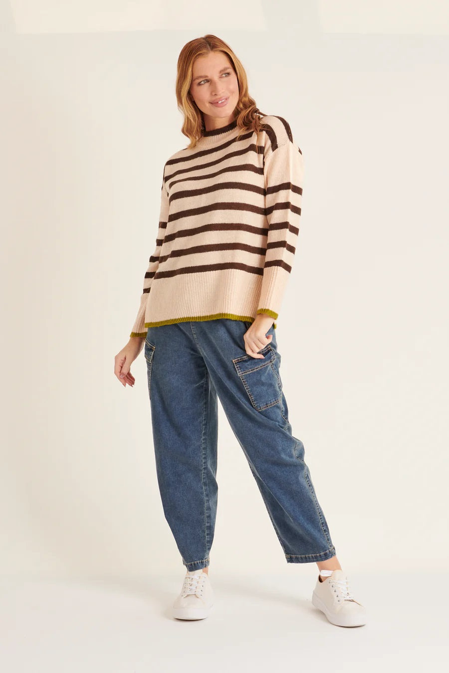 Ellis & Dewey Mock Neck Jumper [COLOUR:Pink & Brown Stripe SIZE:XS]