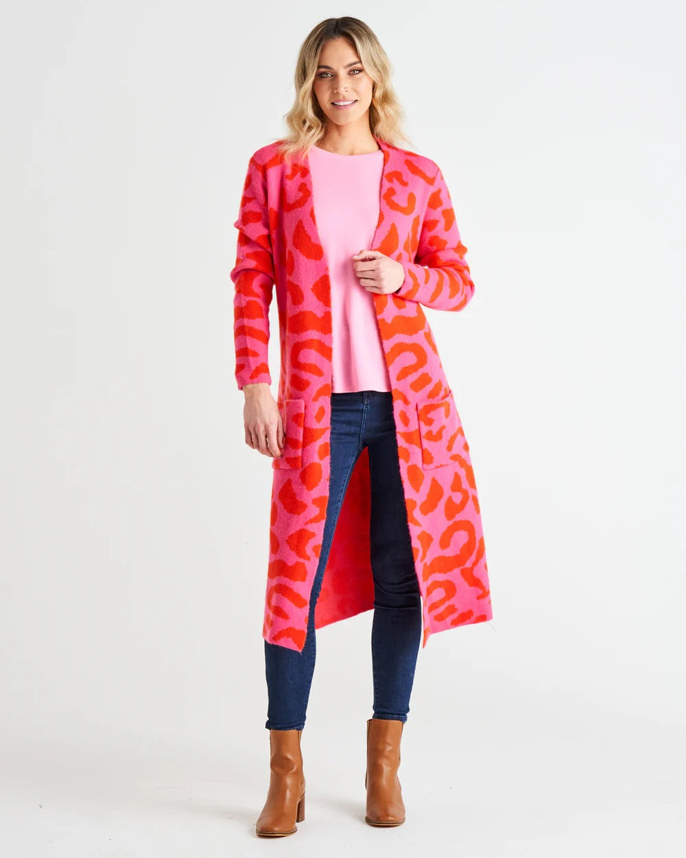 Betty Basics Swift Cardigan [COLOUR:Pink/Red Cheetah SIZE:8]