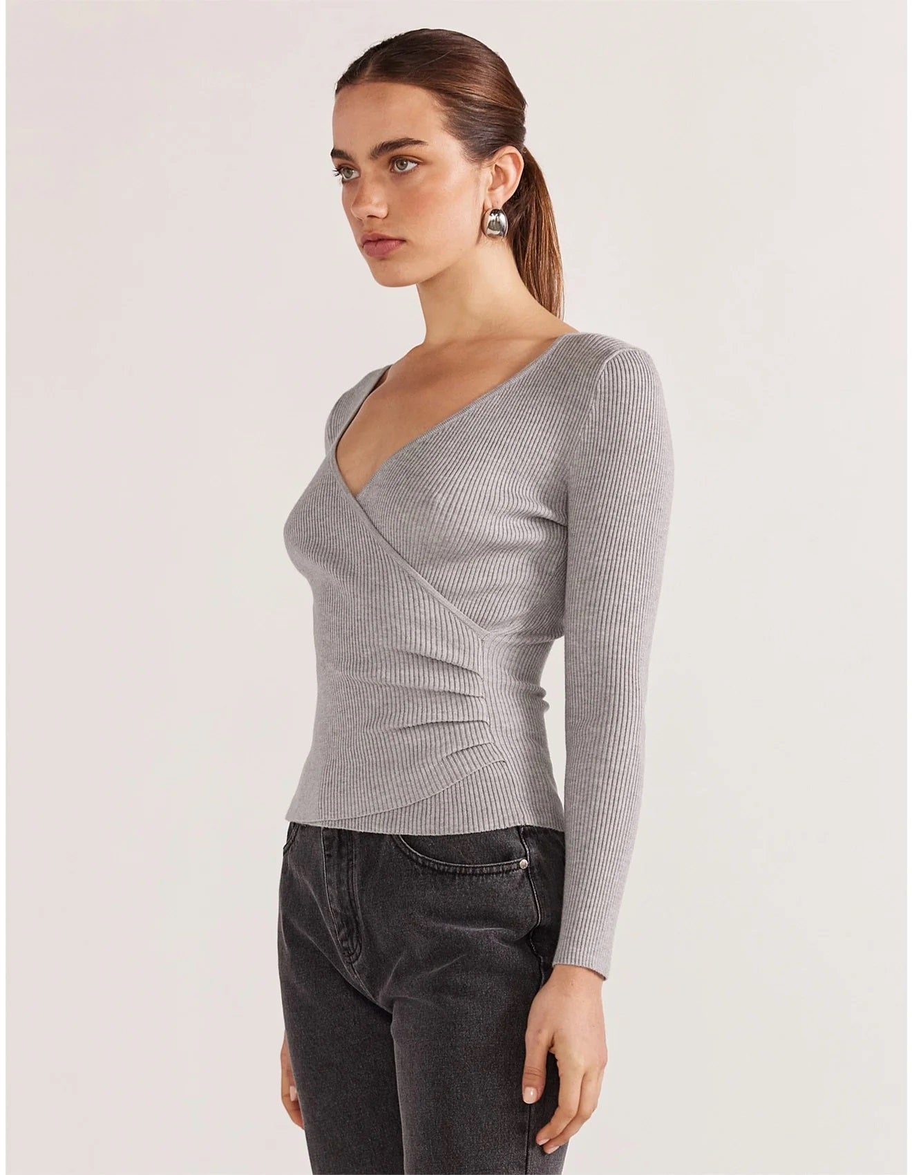 Staple The Label Molly Knit Top [COLOUR:Grey marle  SIZE:S]