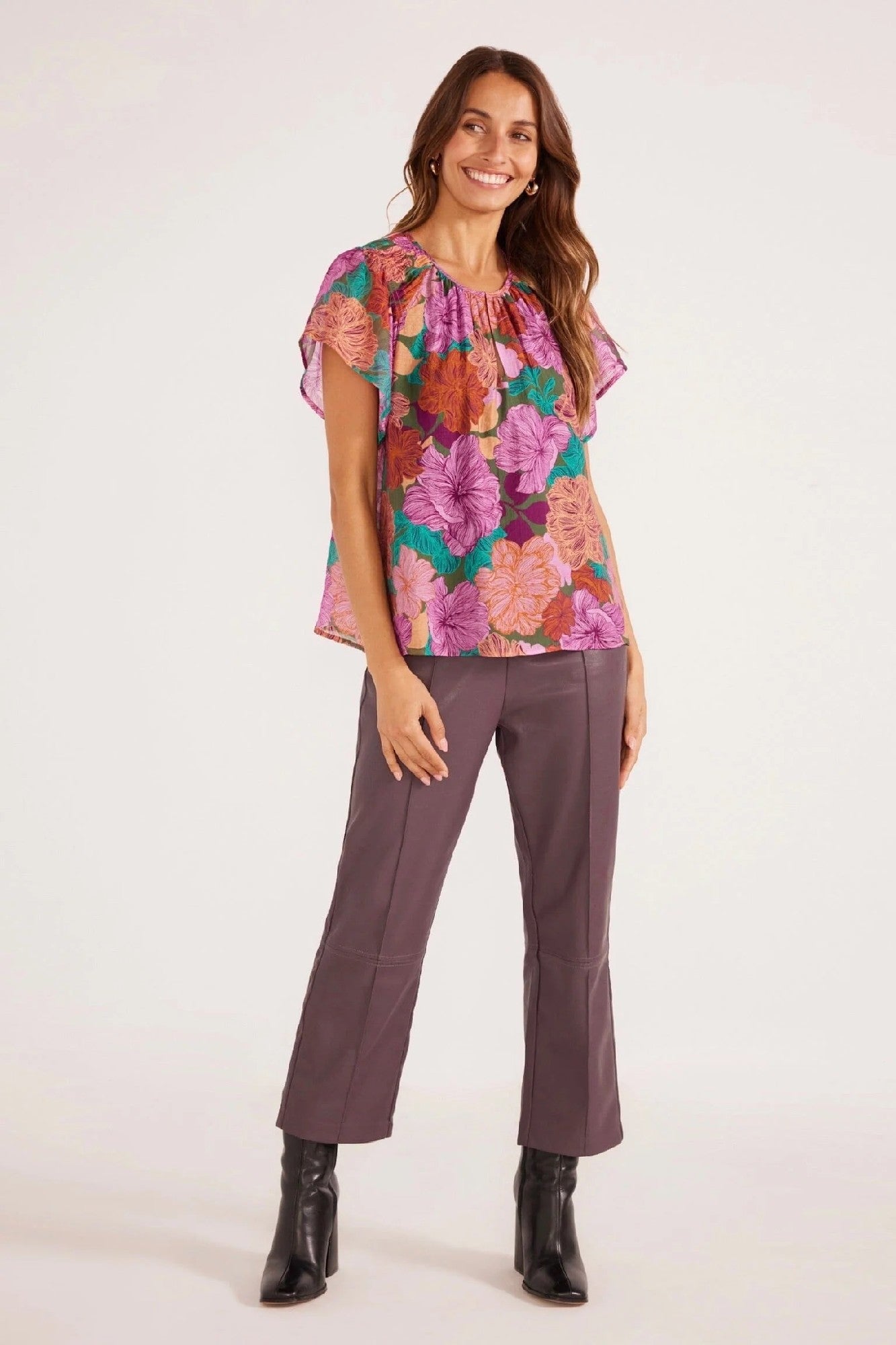 MinkPink Zora Flutter Sleeve Blouse [COLOUR:Fall Floral SIZE:XS]