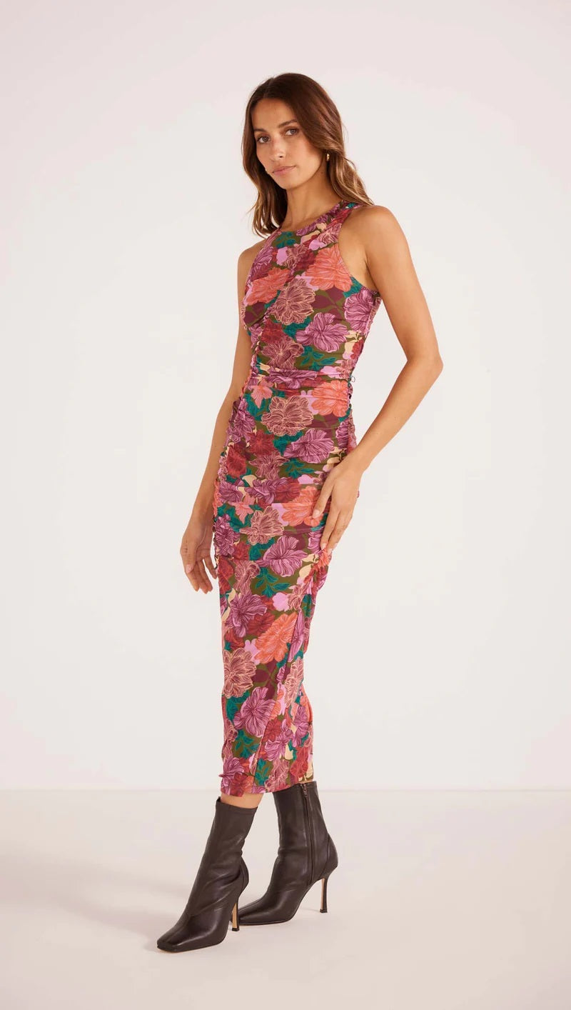 MinkPink Zora Ruched Midi Dress [COLOUR:Fall Floral SIZE:XS]