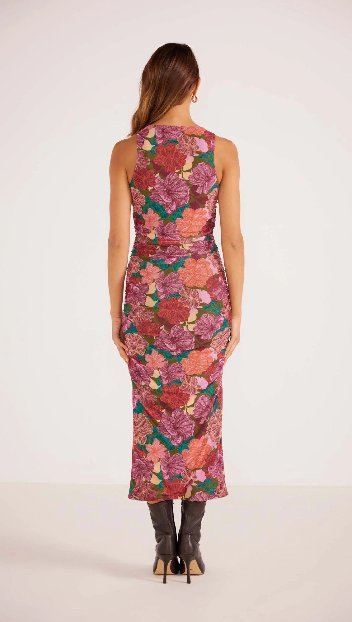 MinkPink Zora Ruched Midi Dress [COLOUR:Fall Floral SIZE:XS]