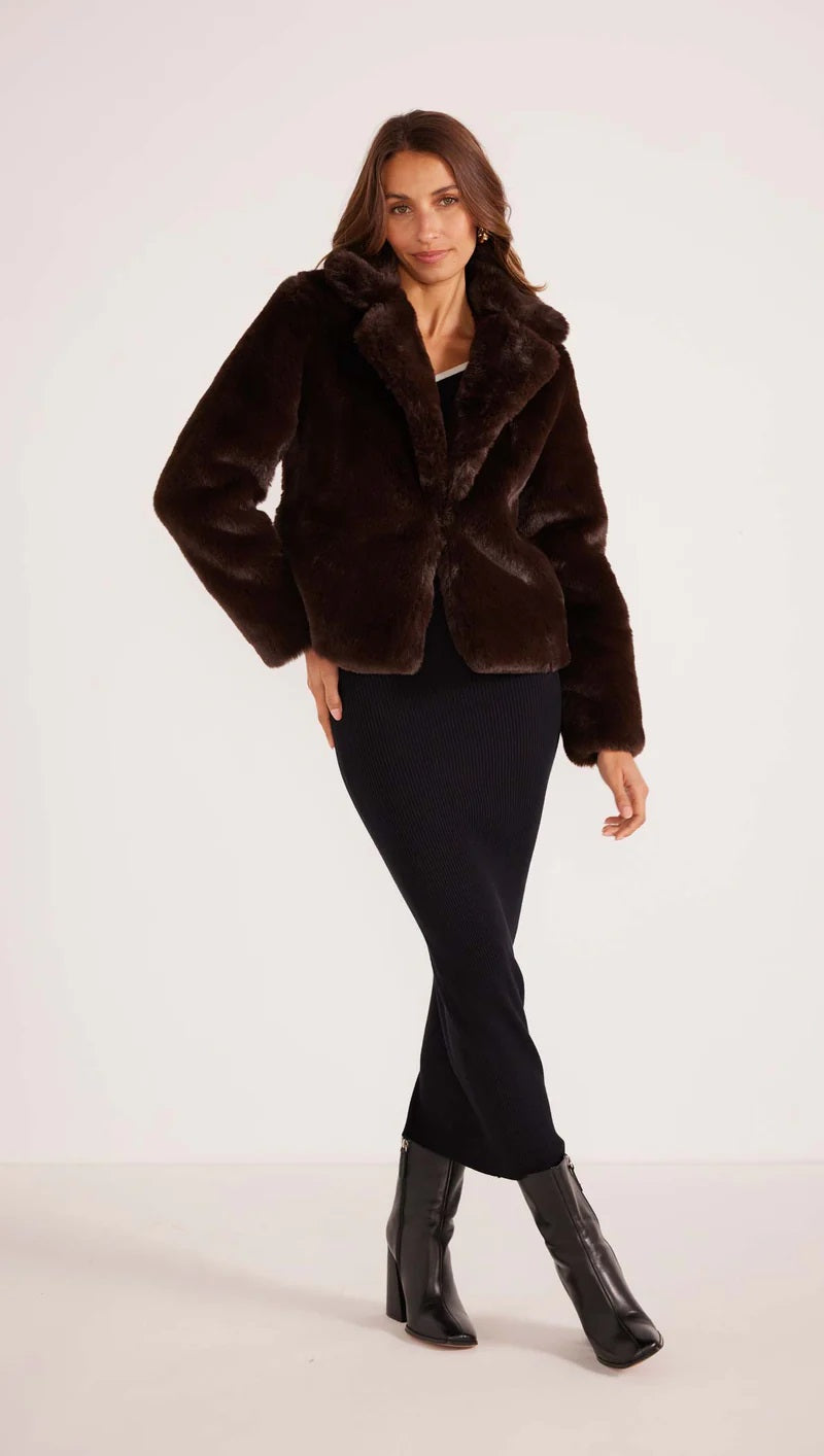 MinkPink Zara Faux Fur Jacket [COLOUR:Chocolate SIZE:XS]