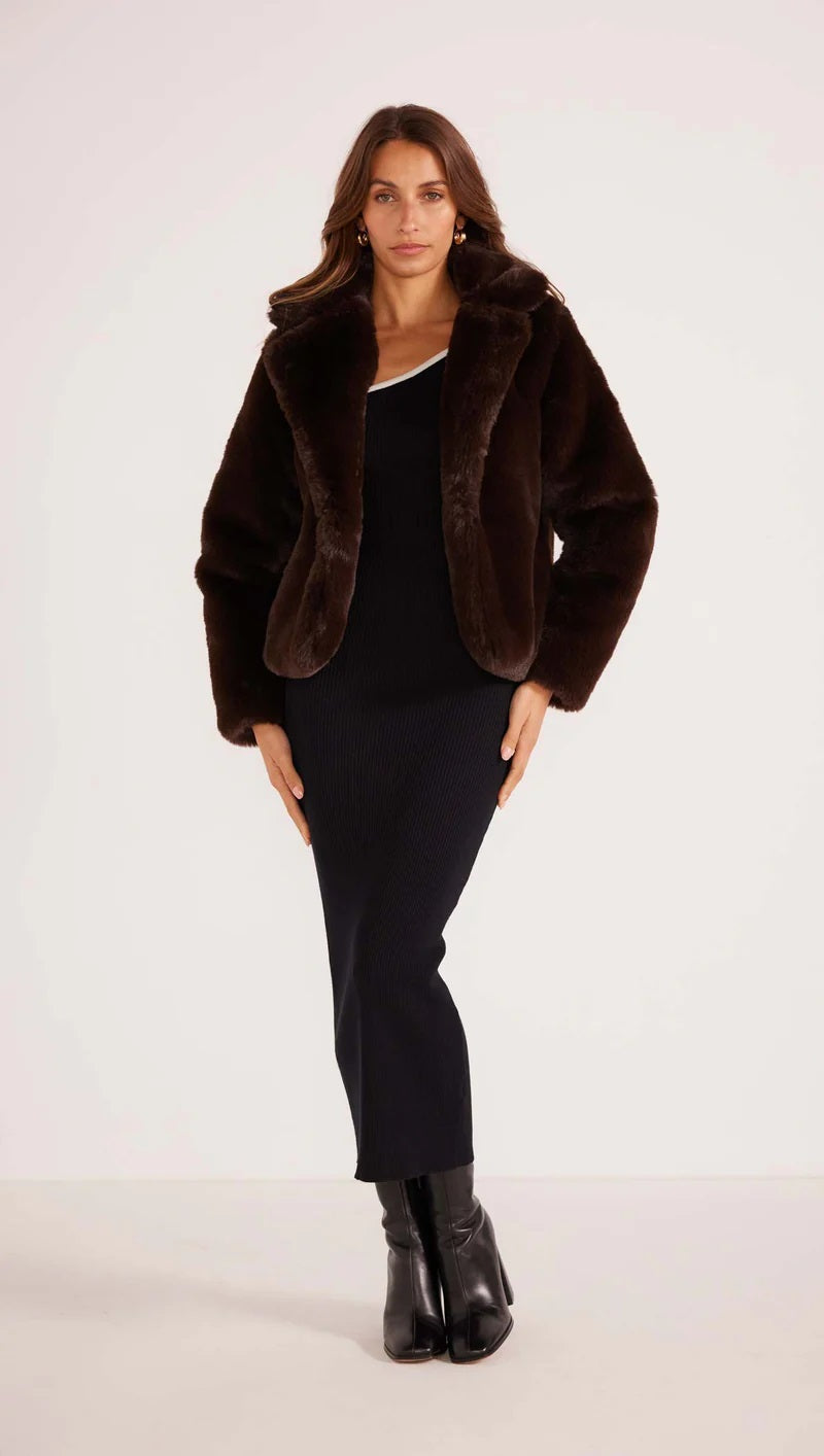 MinkPink Zara Faux Fur Jacket [COLOUR:Chocolate SIZE:XS]