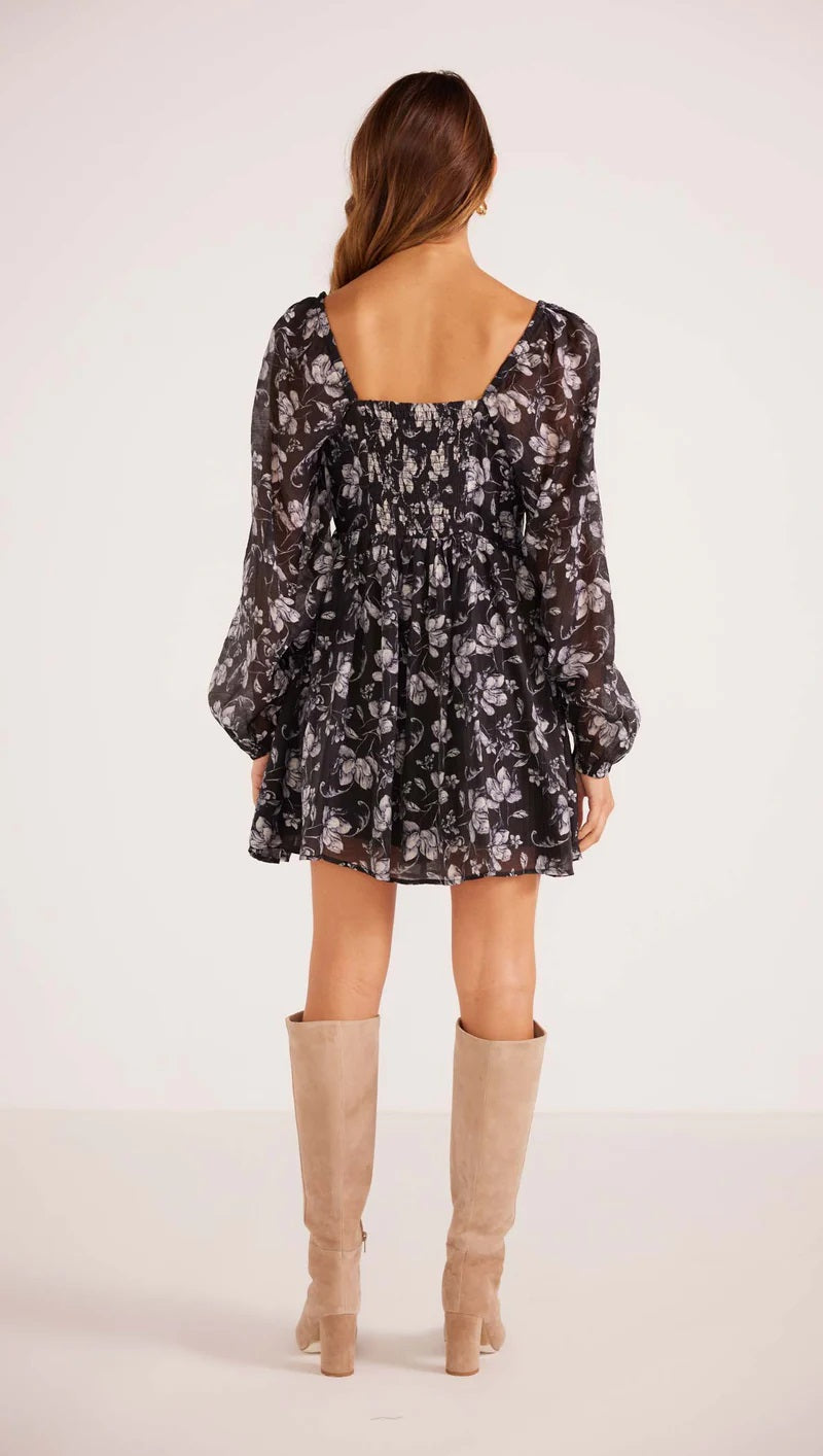 MinkPink Luzette Babydoll Mini Dress [COLOUR:Black floral SIZE:XS]