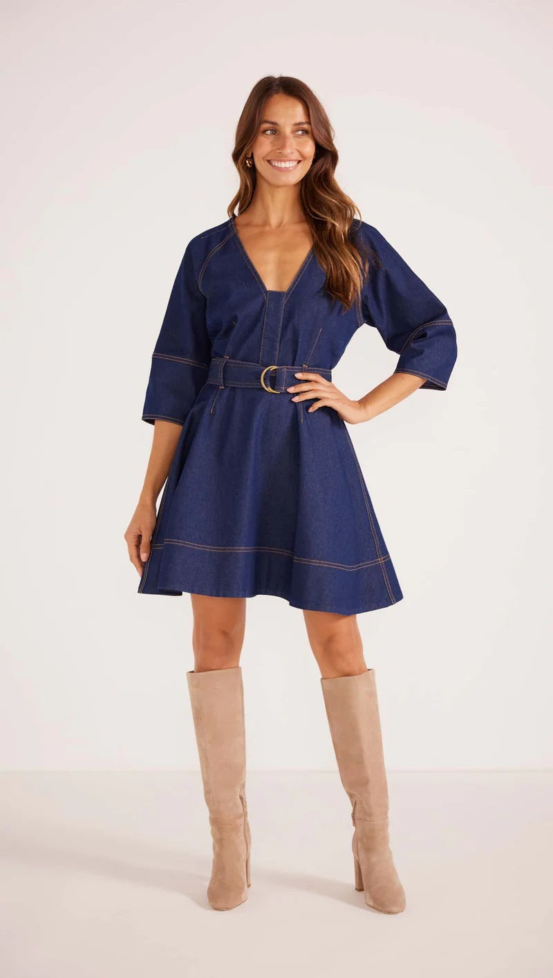 MinkPink Kenzie Denim Mini Dress [COLOUR:Dark Denim SIZE:XS]