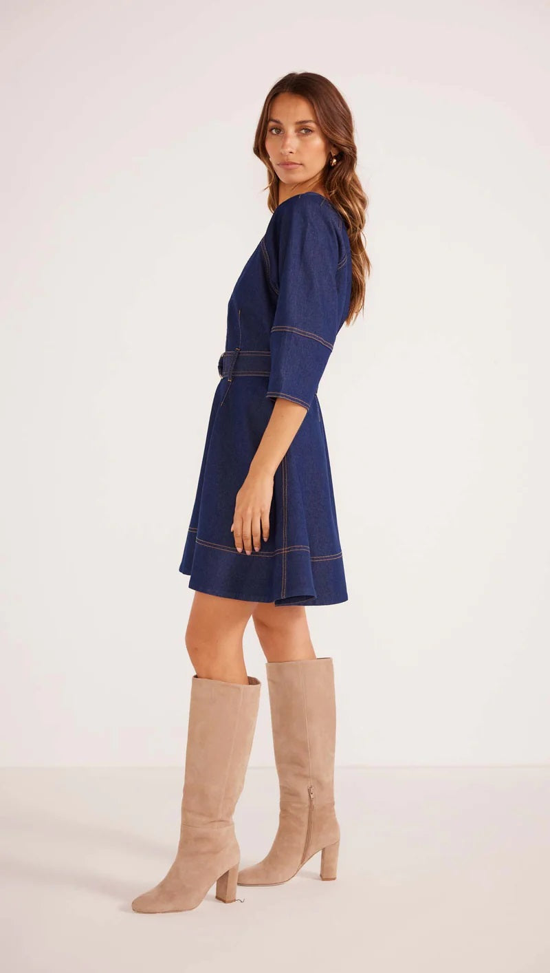 MinkPink Kenzie Denim Mini Dress [COLOUR:Dark Denim SIZE:XS]