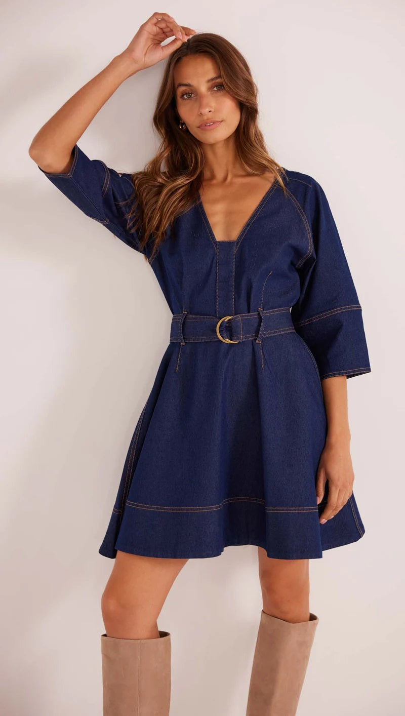 MinkPink Kenzie Denim Mini Dress [COLOUR:Dark Denim SIZE:XS]