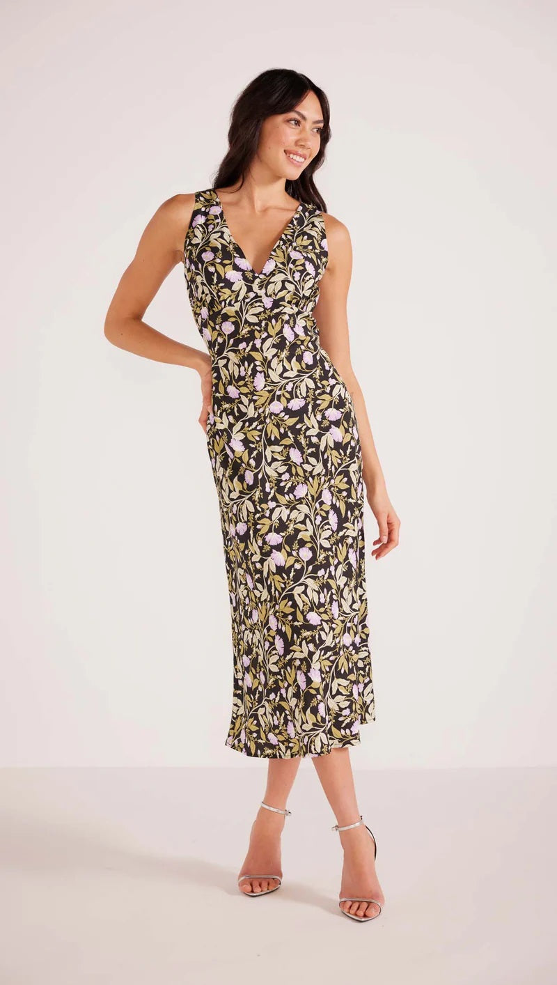 MinkPink Nocturne Bias Slip Midi Dress [COLOUR:Lilac Floral SIZE:S]