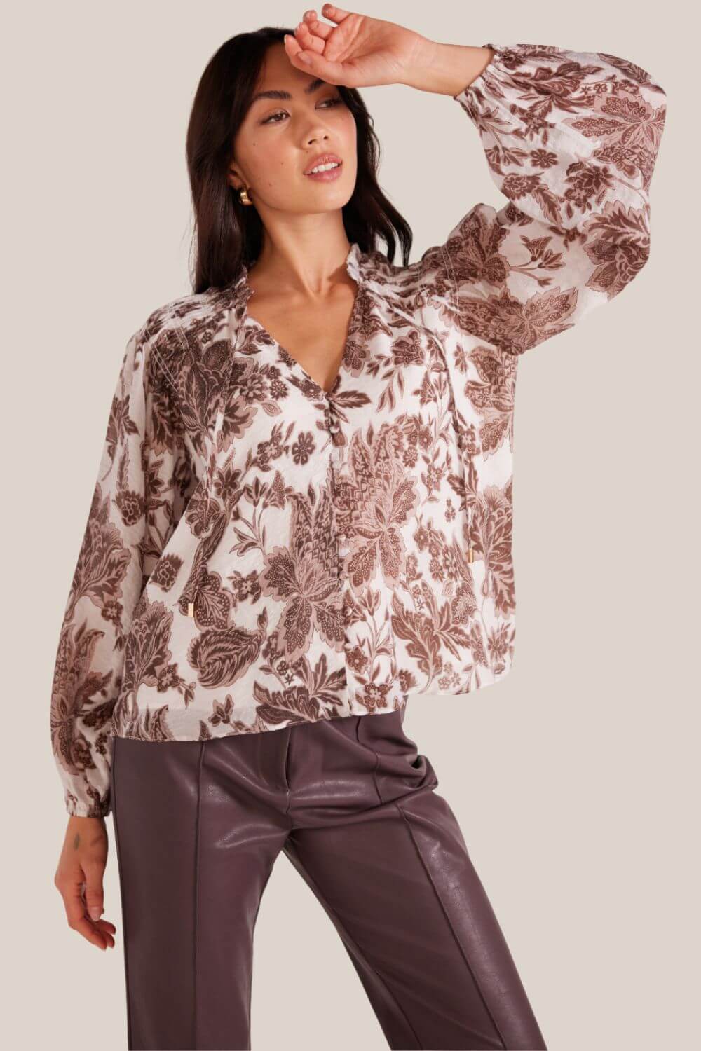MinkPink Vivian Long Sleeve Blouse [COLOUR:Brown Floral SIZE:S]