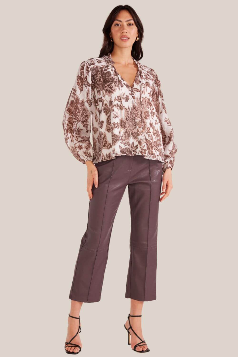 MinkPink Vivian Long Sleeve Blouse [COLOUR:Brown Floral SIZE:S]