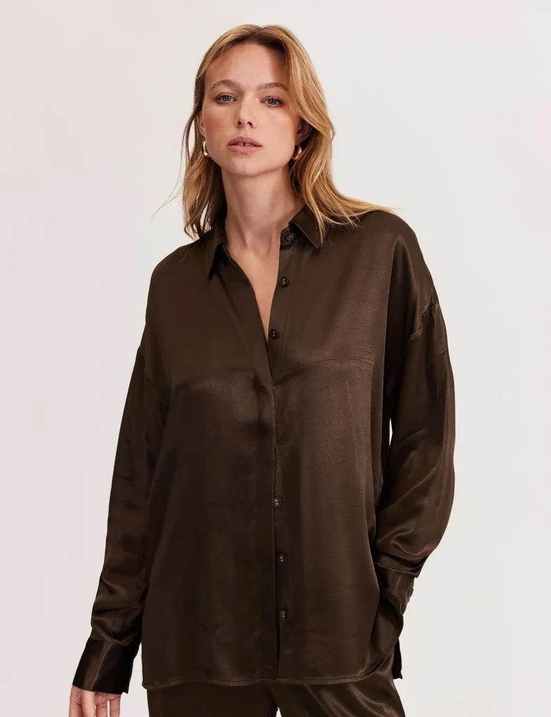 Staple The Label Freja Satin Shirt [COLOUR:Dark olive SIZE:XS]