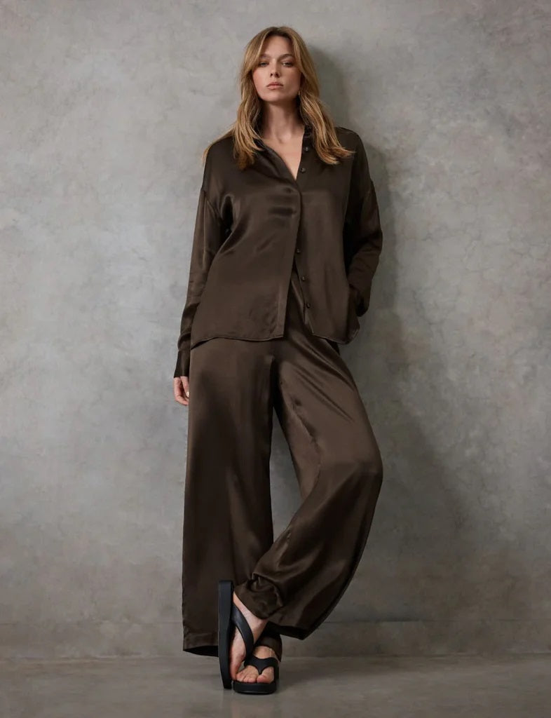 Staple The Label Freja Satin Shirt [COLOUR:Dark olive SIZE:XS]