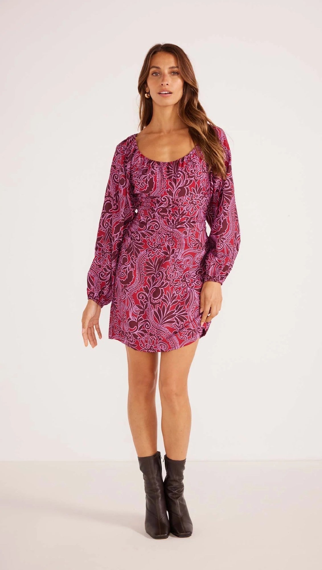 MinkPink Chiara Ruched Mini Dress [COLOUR:Merlot Floral SIZE:XS]