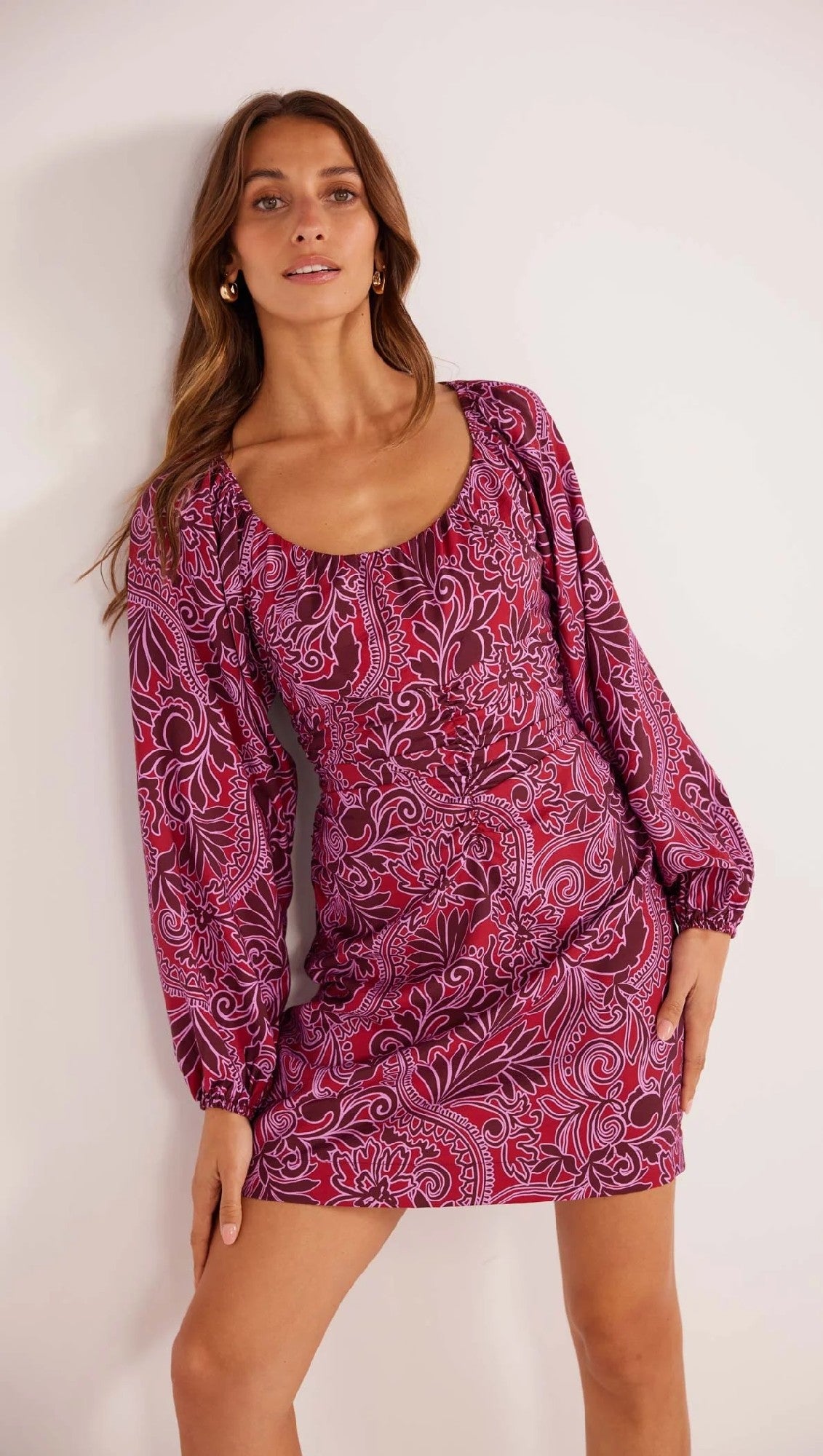 MinkPink Chiara Ruched Mini Dress [COLOUR:Merlot Floral SIZE:XS]