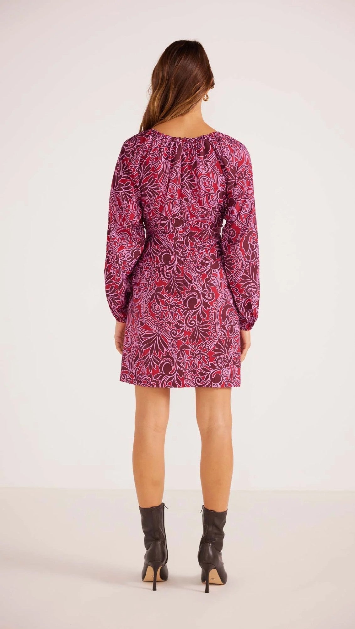 MinkPink Chiara Ruched Mini Dress [COLOUR:Merlot Floral SIZE:XS]