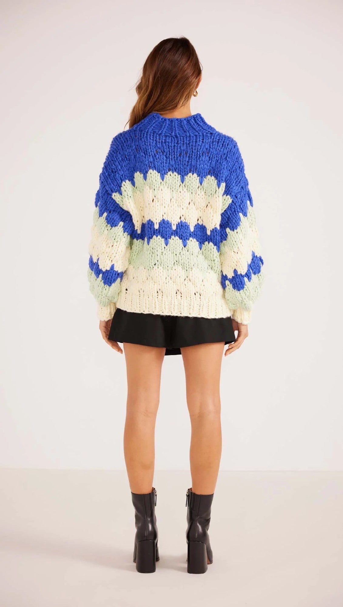 MinkPink Margot Bobble Knit Jumper [COLOUR:Blue stripe SIZE:XS]