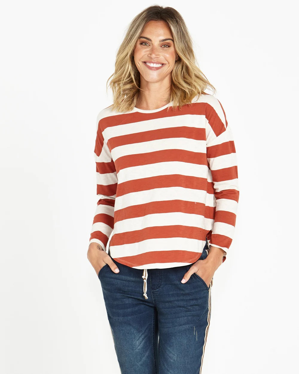 Betty Basics Jessie Long Sleeve Tee [COLOUR:Dusty Terracotta Stripe SIZE:10]