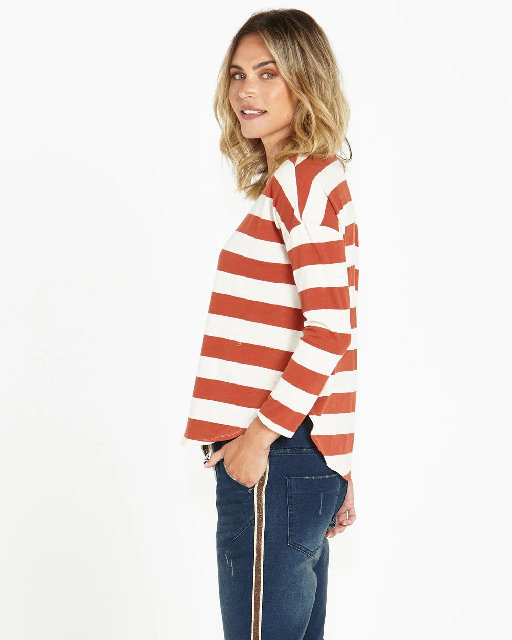 Betty Basics Jessie Long Sleeve Tee [COLOUR:Dusty Terracotta Stripe SIZE:10]