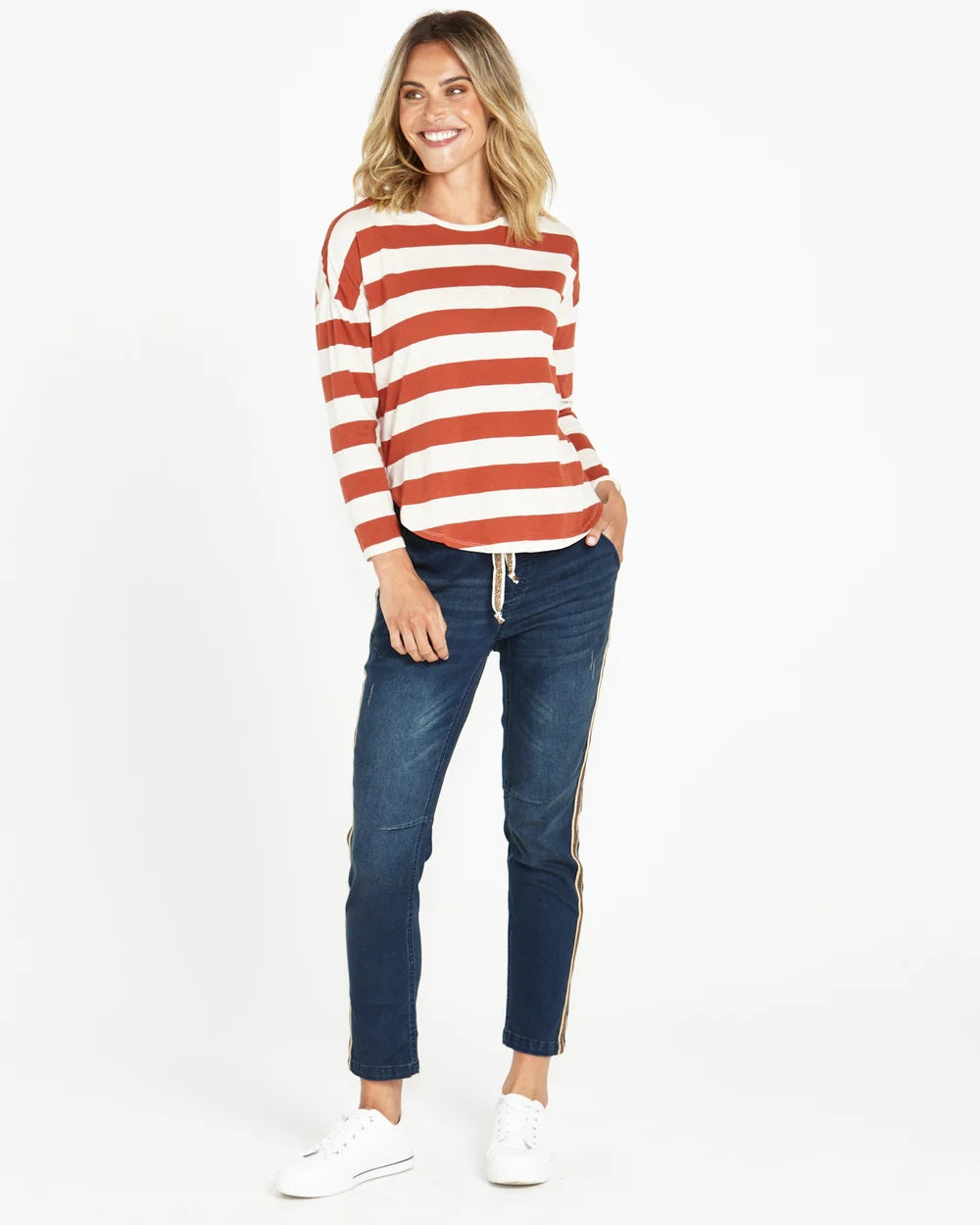 Betty Basics Jessie Long Sleeve Tee [COLOUR:Dusty Terracotta Stripe SIZE:10]